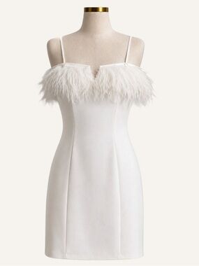 Aidan Mattox Ivory Feather Trim Mini Dress Bridal Shower Party 14 NWT $275